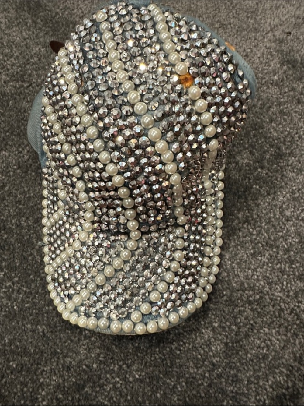 Rhinestone & Pearl Embellished Denim Baseball Cap - Light Blue